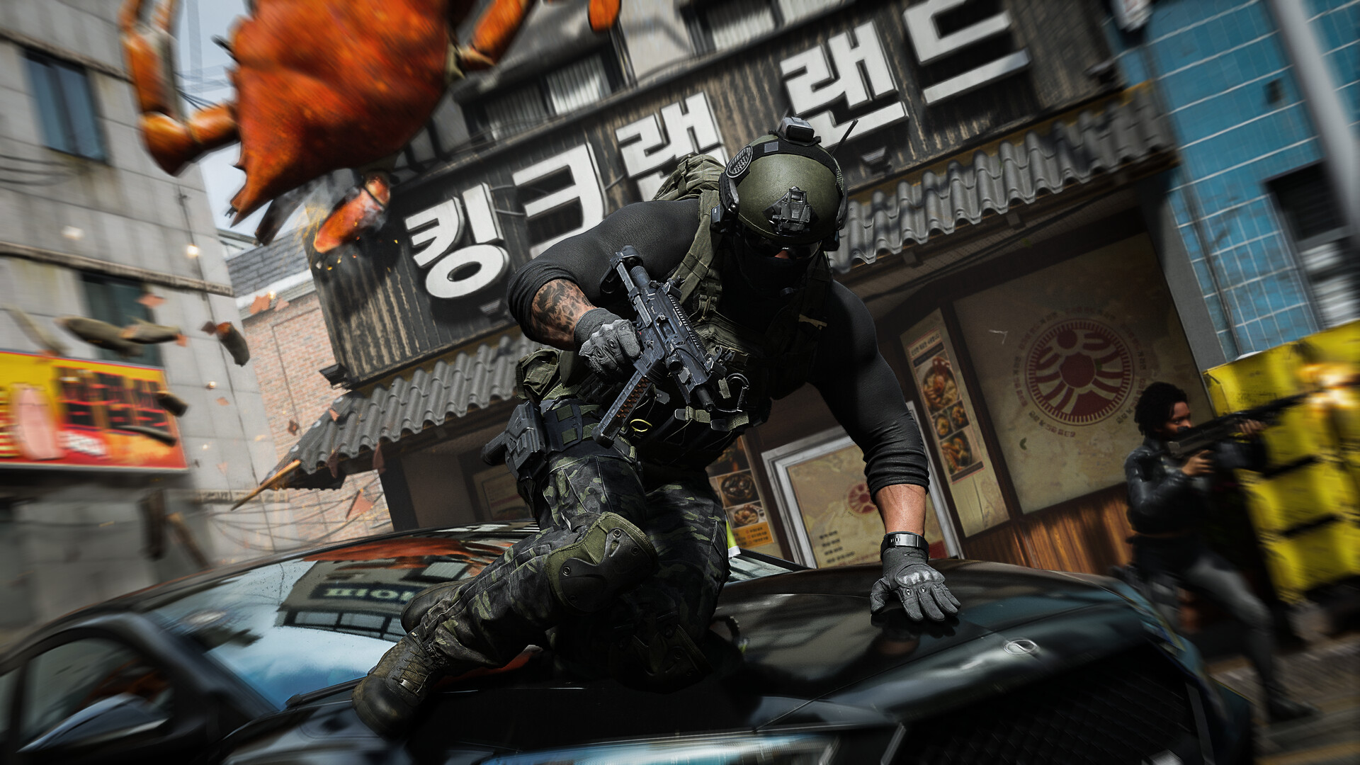 ภาพจากเกม Call of Duty: Modern Warfare 4 ทหารกระโดดข้ามรถบนถนนในเกาหลี มีป้ายภาษาเกาหลีด้านหลัง (ภาพ: Activision / Infinity Ward)